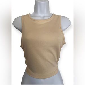 Beige Ribbed Tie Around Cutout Back Crop Top